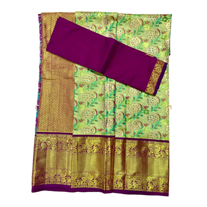 Green Shade Vegan Silk Half Saree Contrast Border (Above 10 years )