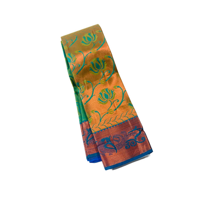 Vegan Silk Saree Green Colour with Copper with Sky blue with  Peacock design