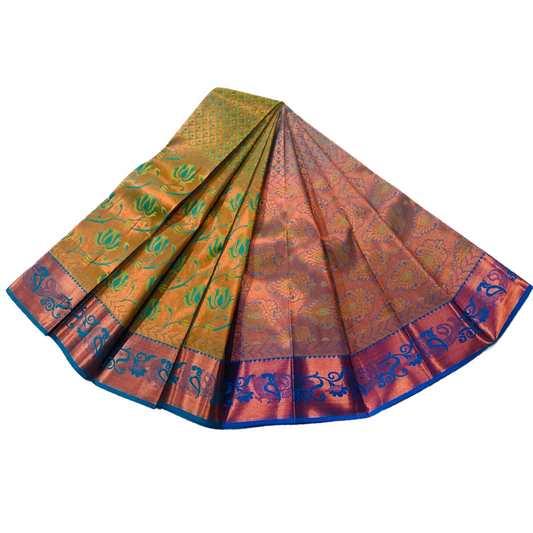 Vegan Silk Saree Green Colour with Copper with Sky blue with  Peacock design