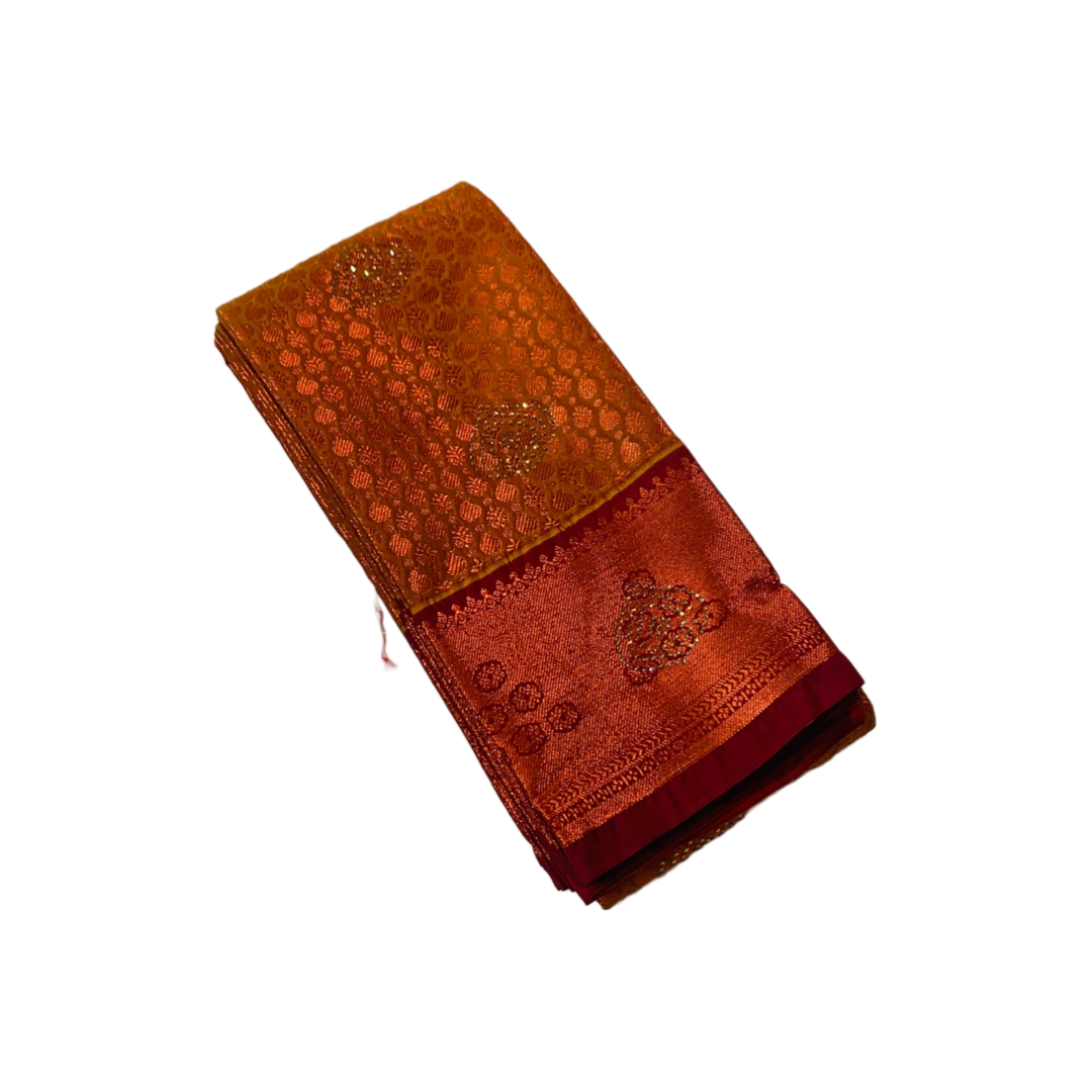 Vegan Silk Saree Honey Brown Colour with Copper with Maroon with flower  design.