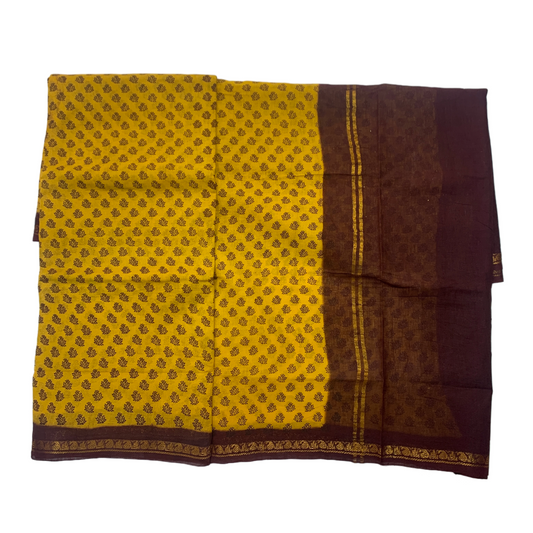 9 yards Cotton Saree Golden Yellow Colour with Brown Border
