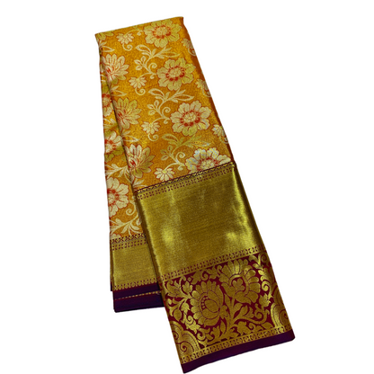 Golden Yellow shade Soft kanchi pattu with Brown and Golden Border