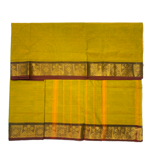 9 Yards Cotton Saree Golden Yellow Colour with Brown Border