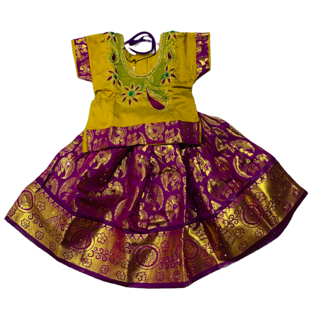 Ready To Wear  Magenta Pavadai with contrast Yellow Green Blouse - 6 months Baby