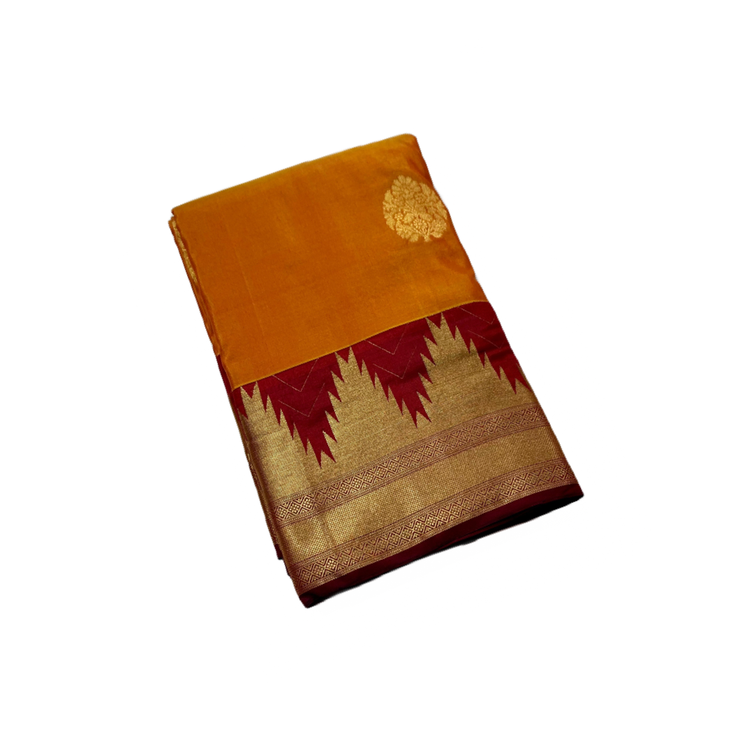 Pure Kachipuram Silk Saree Honey Yellow Colour Maroon with gopuram Border