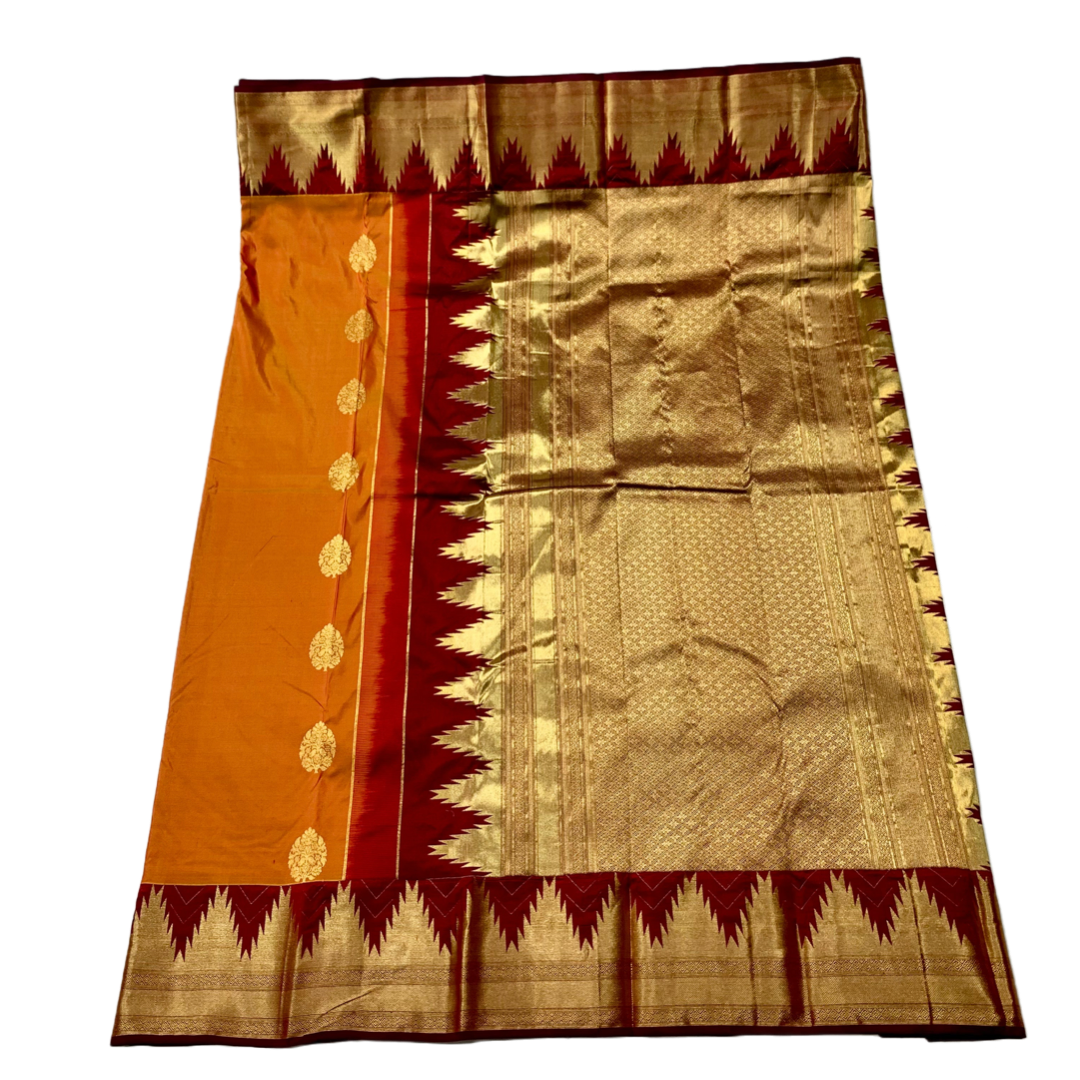 Pure Kachipuram Silk Saree Honey Yellow Colour Maroon with gopuram Border