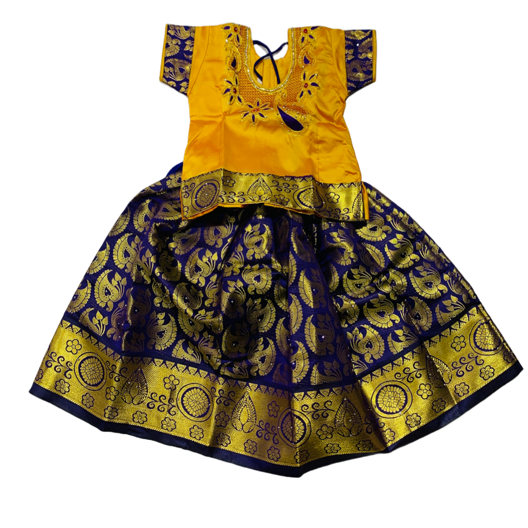 Ready To Wear Blue Pavadai with contrast Yellow Blouse - 6 months Baby