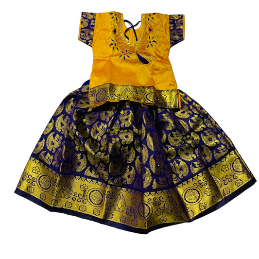 Ready To Wear Blue Pavadai with contrast Yellow Blouse - 6 months Baby