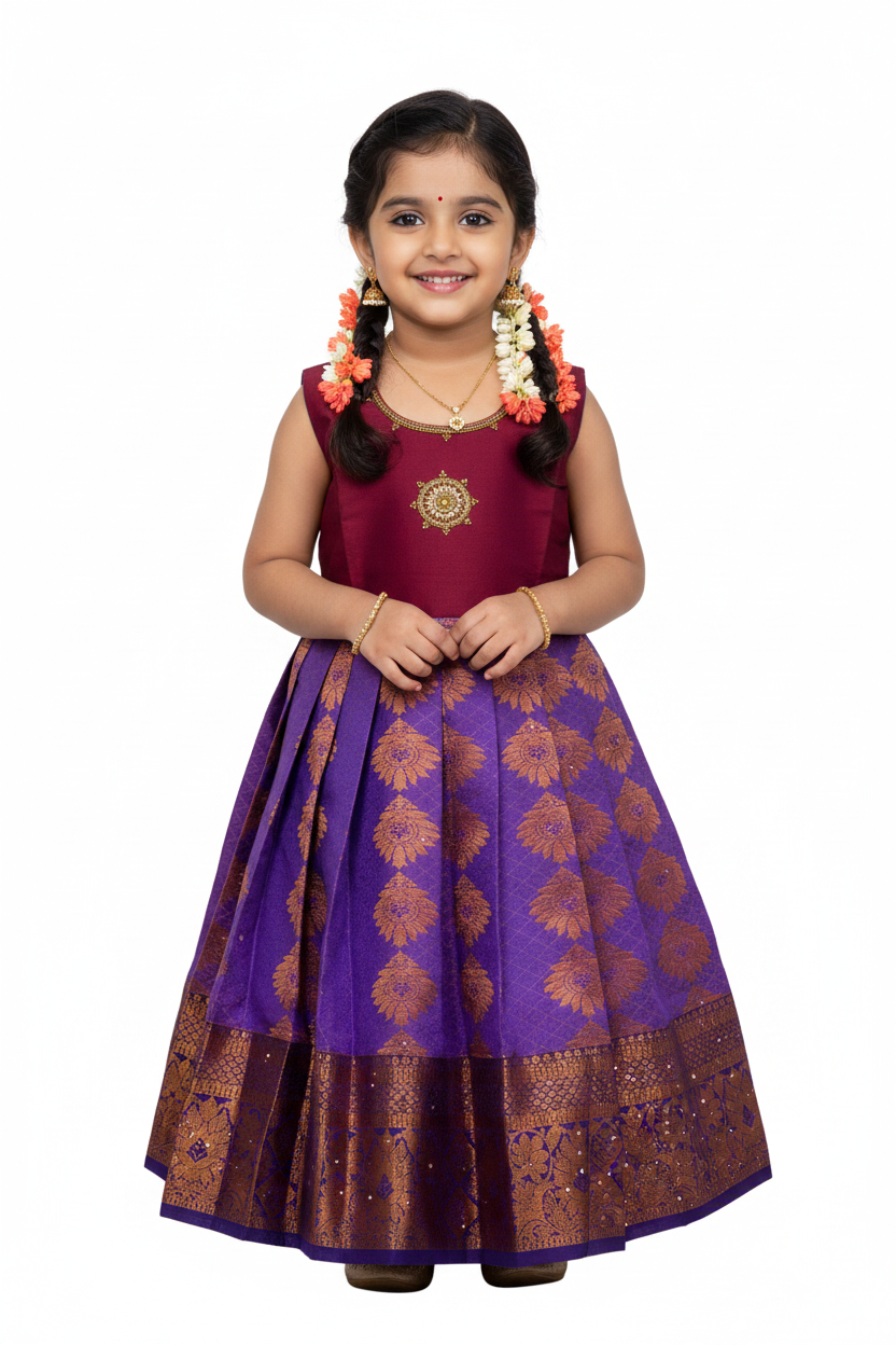 One Piece Ethnic Lehanga- Maroon & Lavender- 5 Year Baby