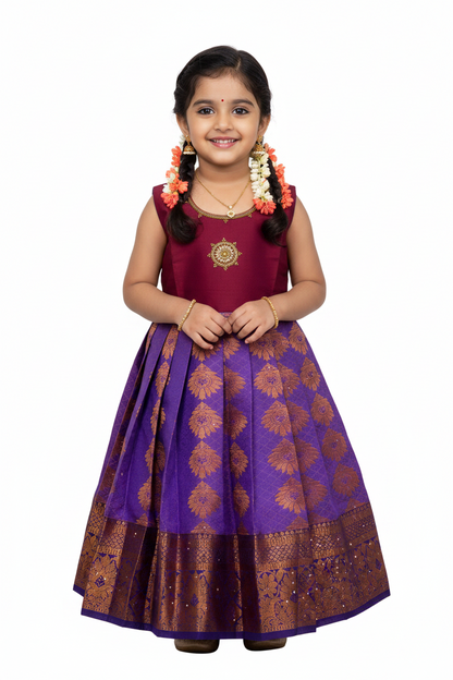 One Piece Ethnic Lehanga- Maroon & Lavender- 5 Year Baby
