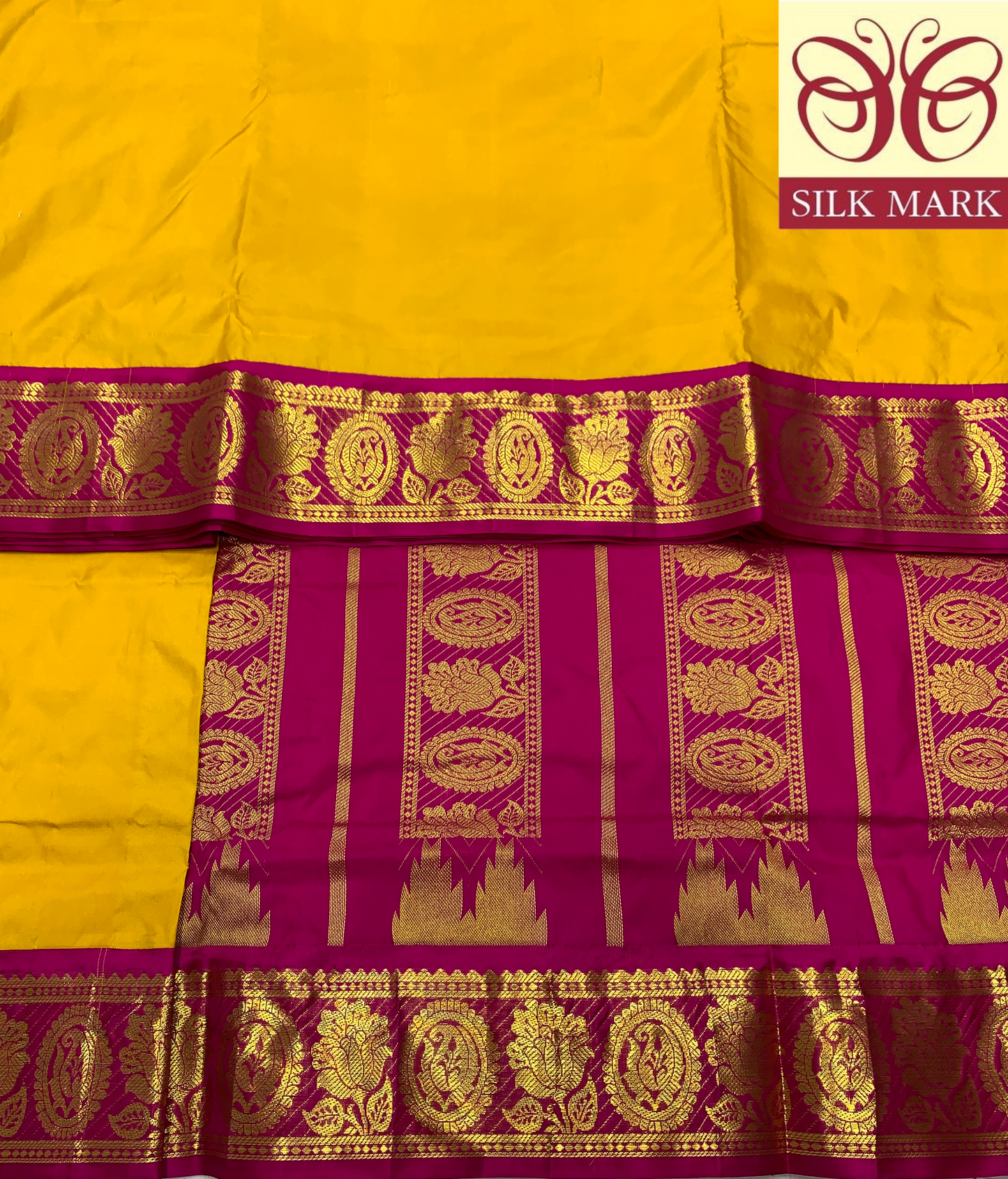 9 yards Pure Kanchipuram Silk Saree Mango Yellow Colour with Pink Border