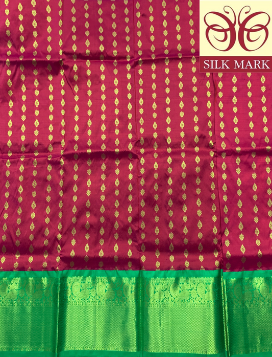 Red shade Pure Kanchipuram Kids Pattu Pavadai with Contrast Border for age 5 to 10