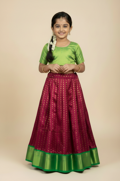Red shade Pure Kanchipuram Kids Pattu Pavadai with Contrast Border for age 5 to 10