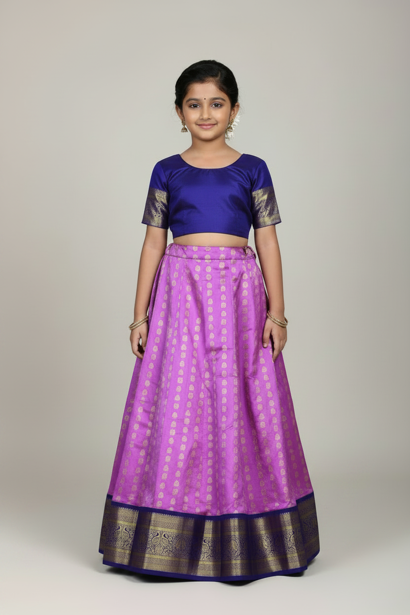 Light Megenta Shade Pure Kanchipuram Kids Pattu Pavadai with Contrast Border for age 5 to 10