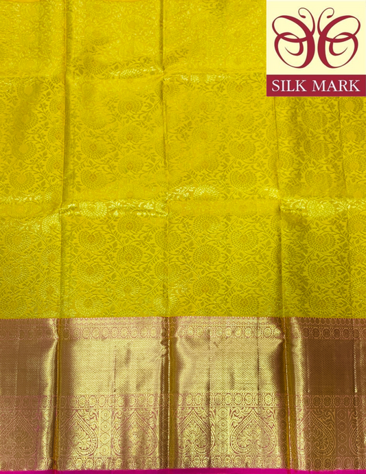 Yellow Shade Pure Kanchipuram Kids Pattu Pavadai with Contrast Border for age 5 to 10