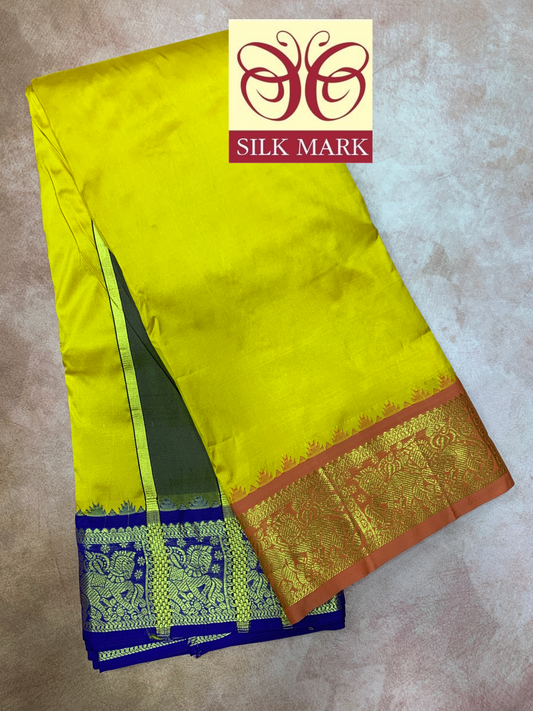 9X5 Pure Silk Dhoti Mustard Colour with Orange and Blue Ganga Jamuna Border