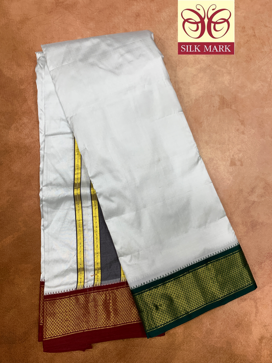 9X5 Pure Silk Dhoti White Colour with Green and Maroon Ganga Jamuna Border