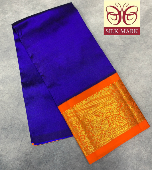 Blue shade Pure Kanchipuram Kids Pattu Pavadai with Contrast Border for Newborn to 2 Years