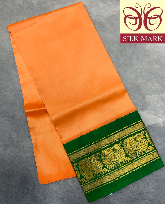 Peach  Shade Pure Kanchipuram Kids Pattu Pavadai with Contrast Border for Newborn to 2 Years