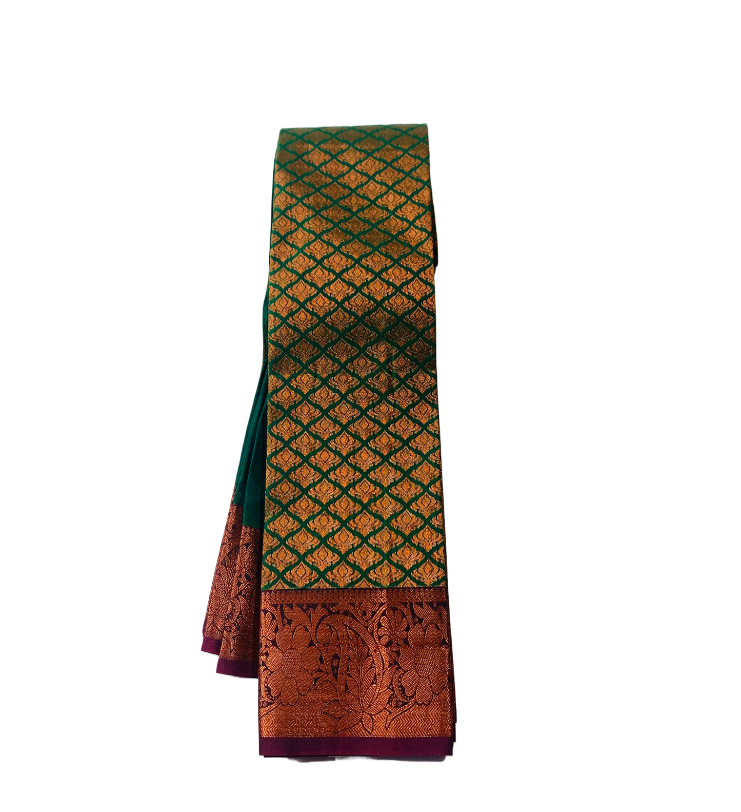 Vegan Silk Saree Green Colour shade with Copper with Maroon Border