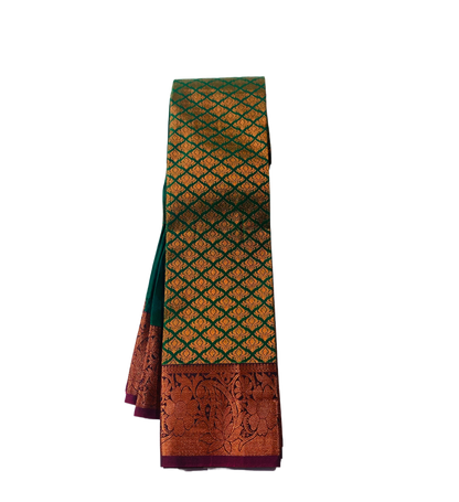 Vegan Silk Saree Green Colour shade with Copper with Maroon Border