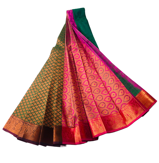 Vegan Silk Saree Green Colour shade with Copper with Maroon Border