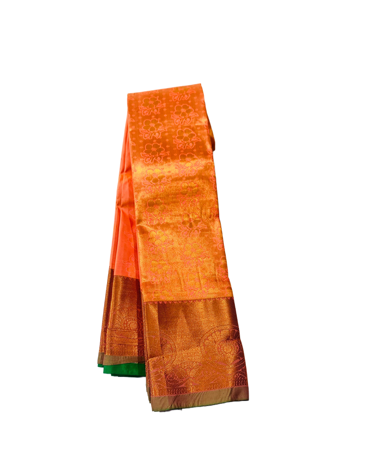 Vegan Silk Saree Orange Colour with Copper and Flower design