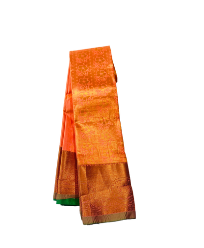 Vegan Silk Saree Orange Colour with Copper and Flower design