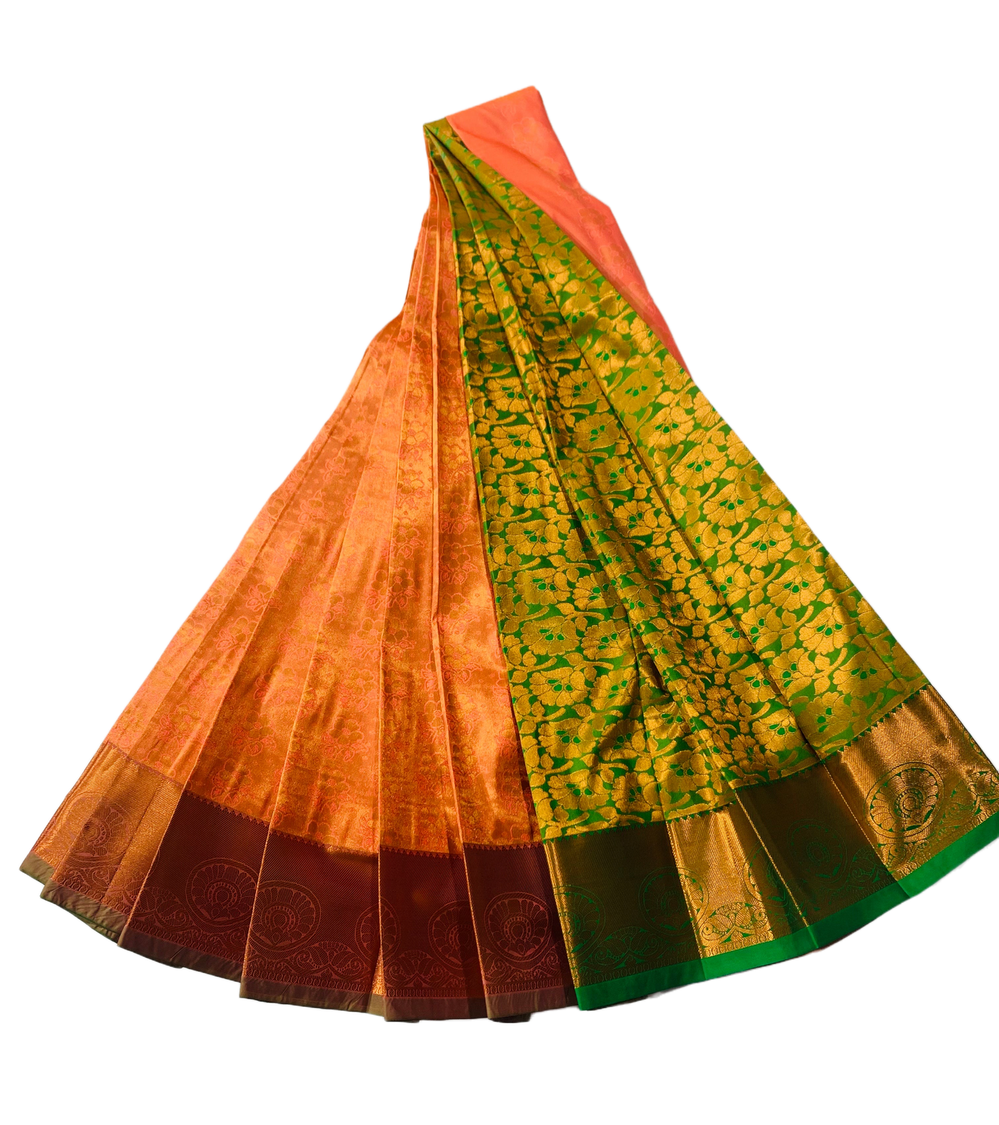 Vegan Silk Saree Orange Colour with Copper and Flower design