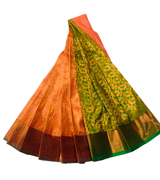 Vegan Silk Saree Orange Colour with Copper and Flower design