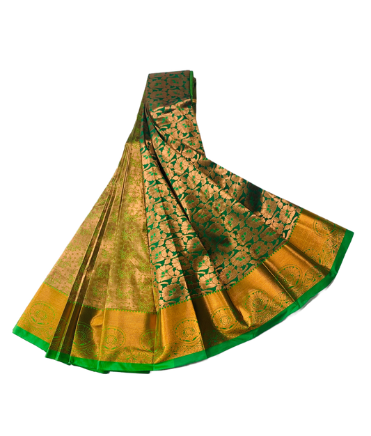 Vegan Silk Saree Green Colour with Golden with Flower design