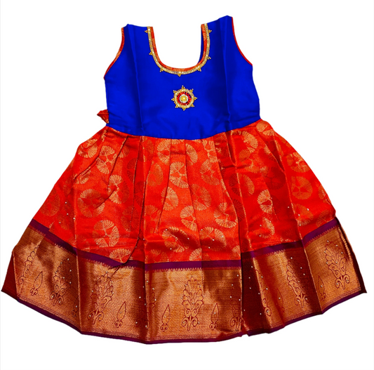 One Piece Ethnic Lehanga- Blue & Maroon-3 Year Baby