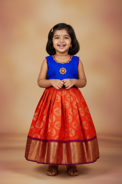 One Piece Ethnic Lehanga- Blue & Maroon -4 Year Baby