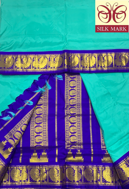 9 yards Pure Kanchipuram Silk Saree Sapphire Colour with Blue Border