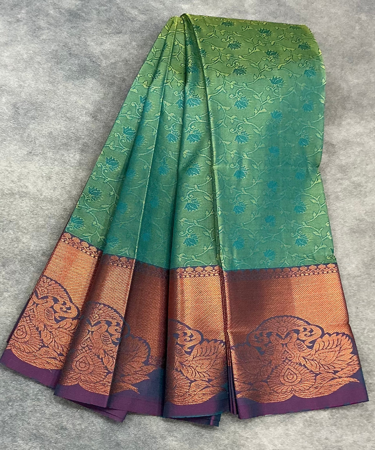 Poly Cotton Saree Parrot Green Colour with Copper Zari Border