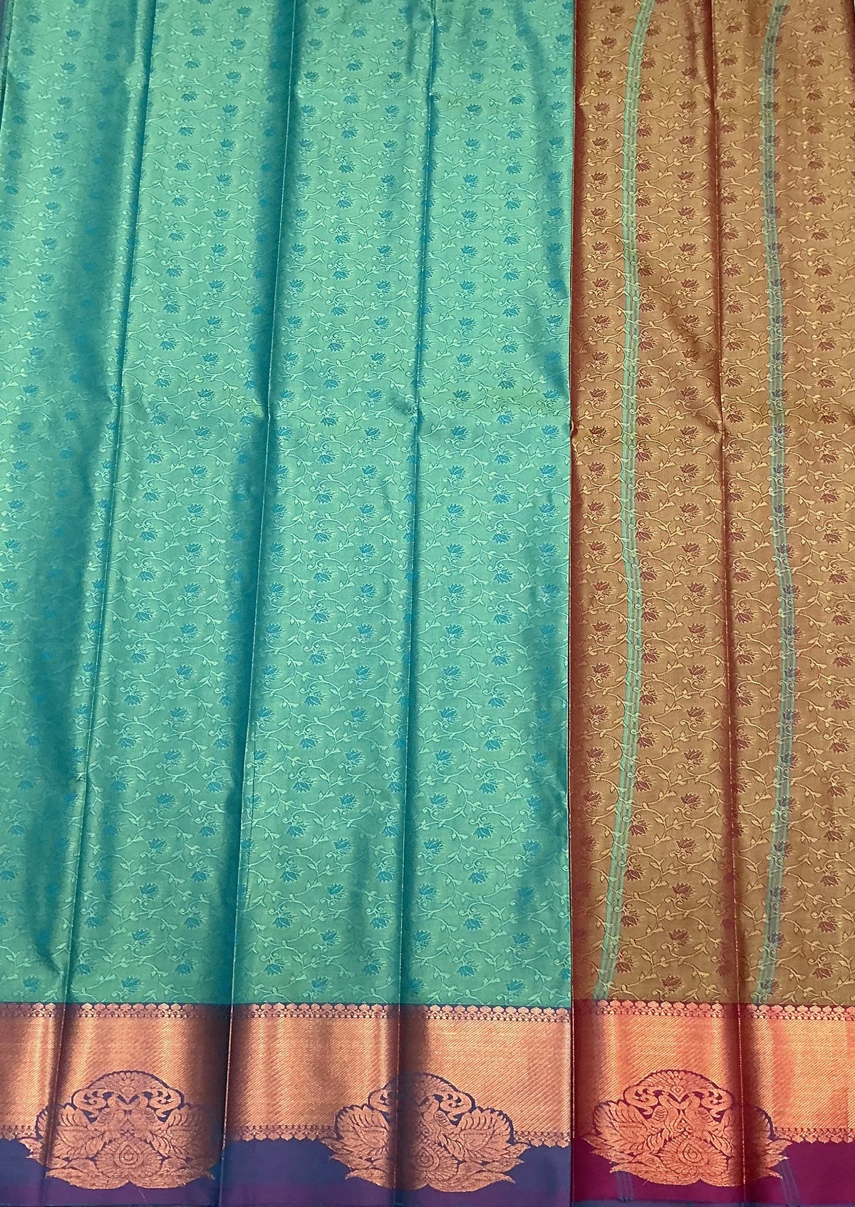 Poly Cotton Saree Parrot Green Colour with Copper Zari Border