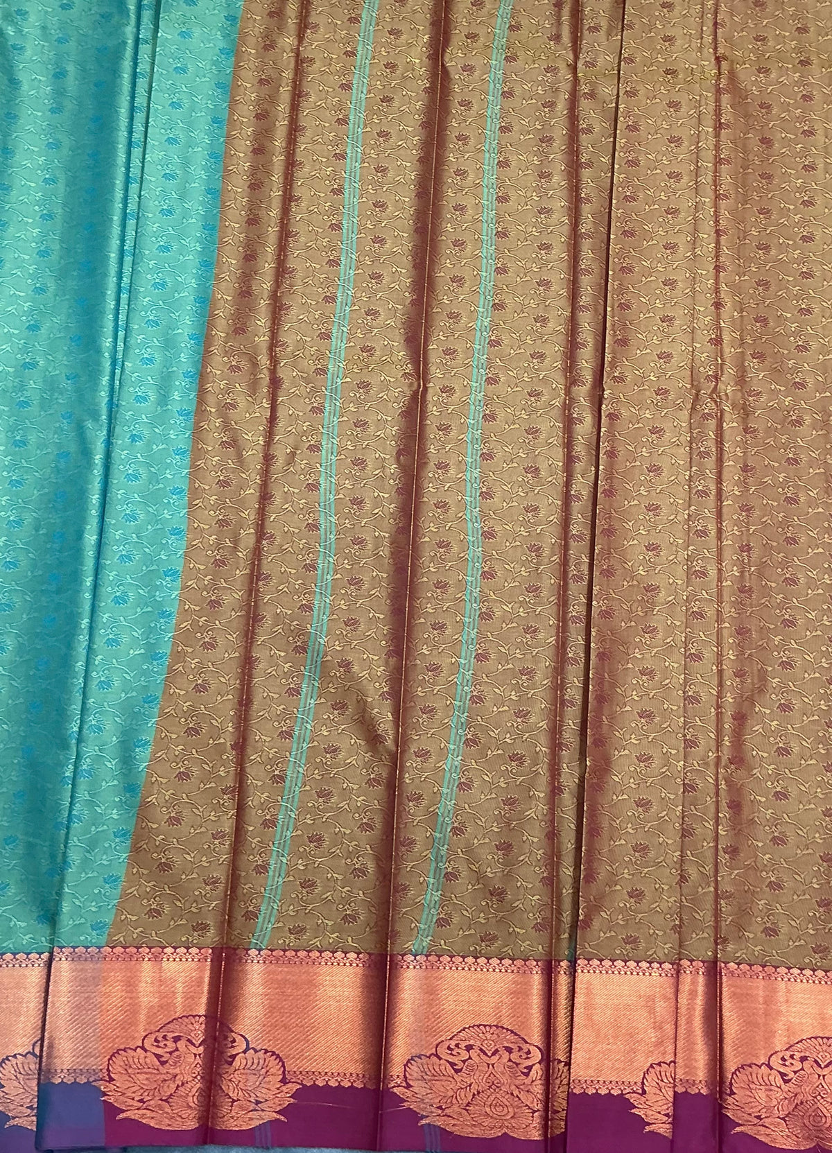 Poly Cotton Saree Parrot Green Colour with Copper Zari Border