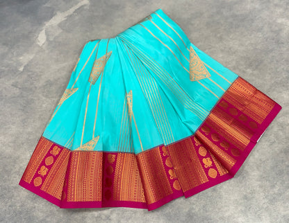 Soft Silk Casual Saree Sapphire Colour with Pink and Copper Zari Border