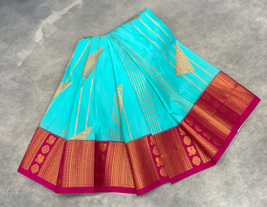 Soft Silk Casual Saree Sapphire Colour with Pink and Copper Zari Border