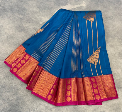 Soft Silk Casual Saree Sky Blue Colour with Pink and Copper Zari Border