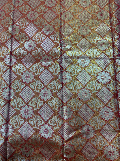 Vegan Silk Saree Golden Peach with Floral design.