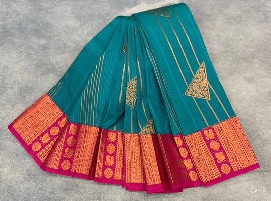 Soft Silk Casual Saree Rama Green Colour with Pink and Copper Zari Border