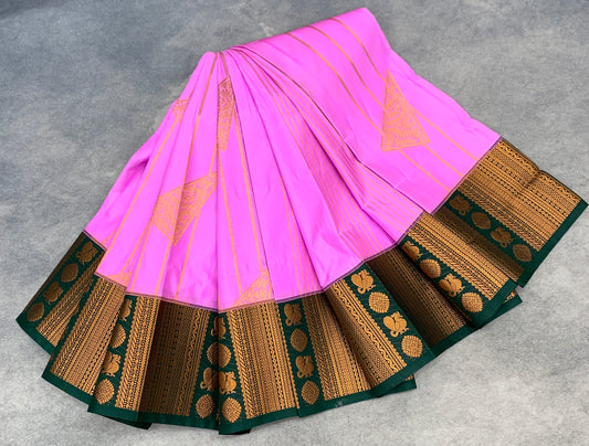 Soft Silk Casual Saree Baby Pink Colour with Green and Copper Zari Border