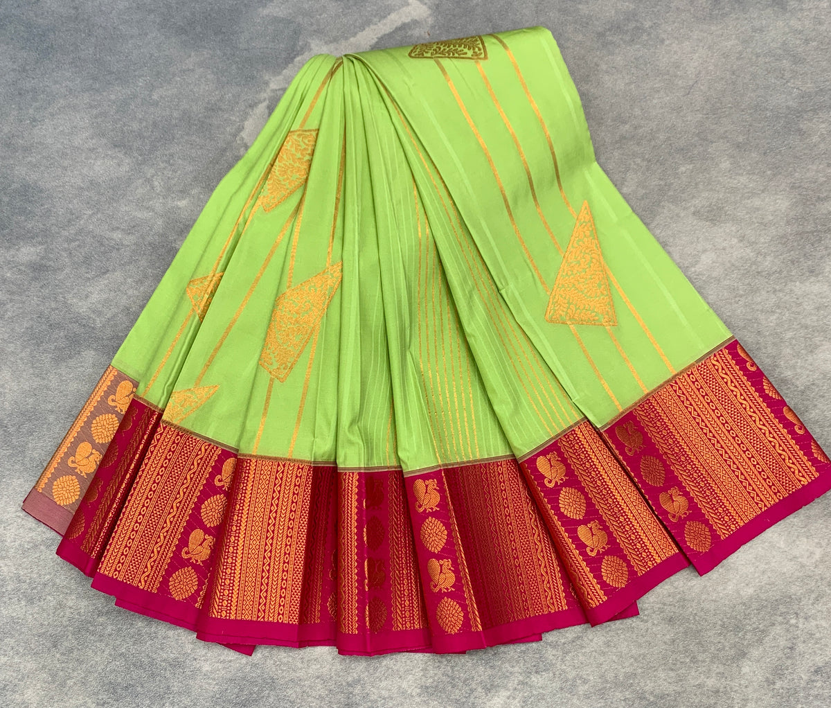 Soft Silk Casual Saree Pista Green Colour with Pink and Copper Zari Border