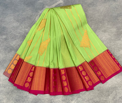 Soft Silk Casual Saree Pista Green Colour with Pink and Copper Zari Border