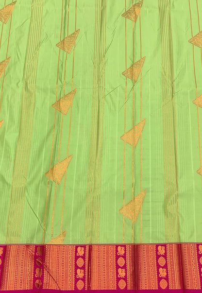 Soft Silk Casual Saree Pista Green Colour with Pink and Copper Zari Border