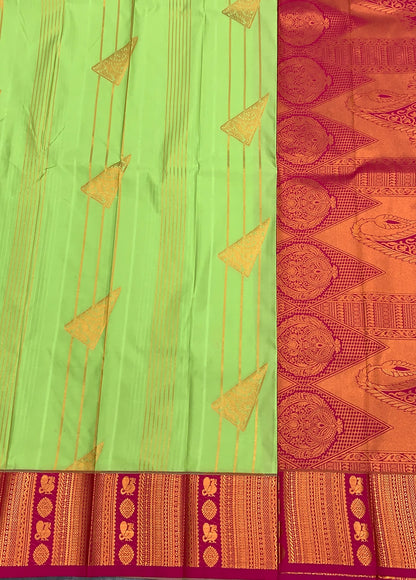 Soft Silk Casual Saree Pista Green Colour with Pink and Copper Zari Border