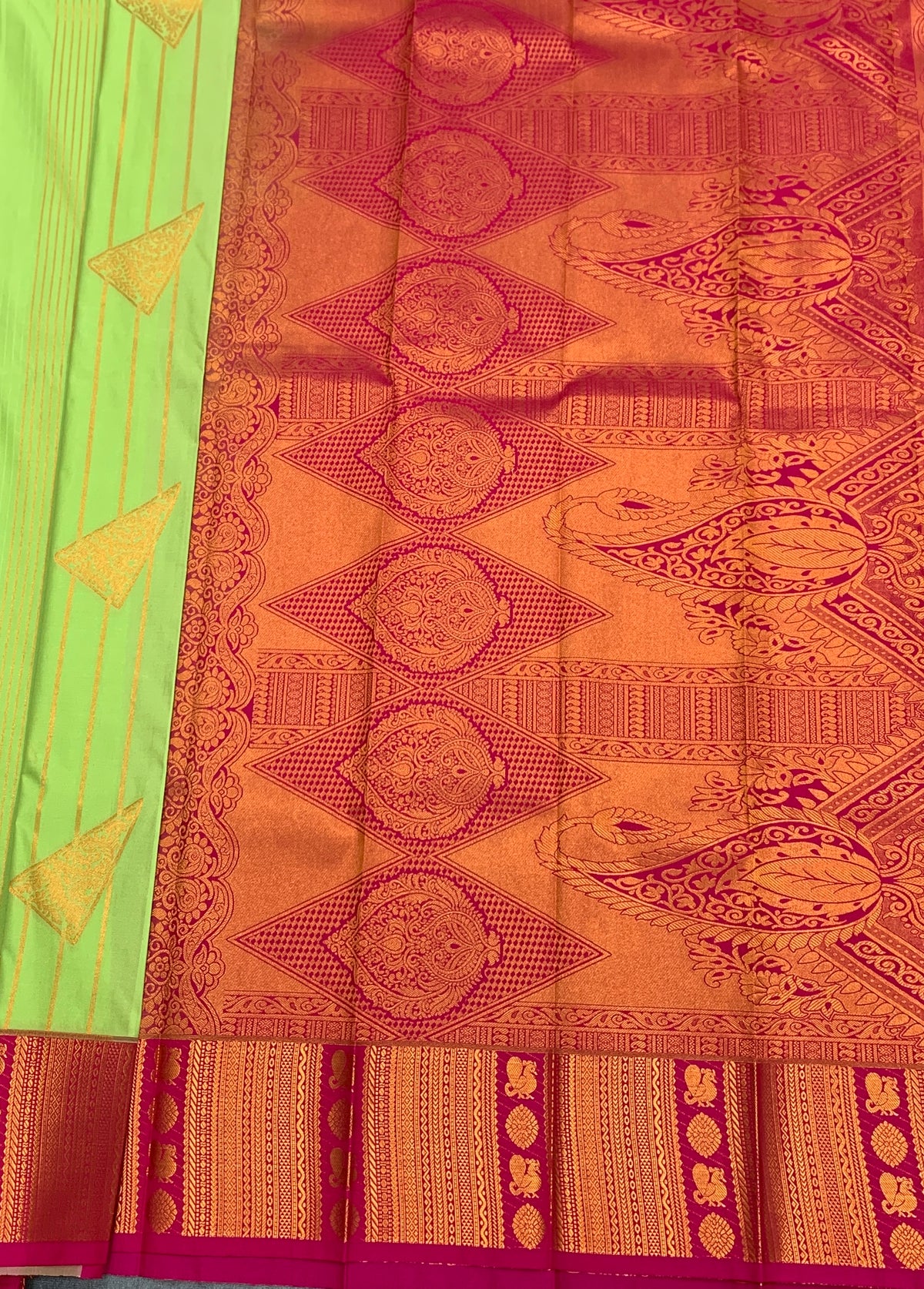 Soft Silk Casual Saree Pista Green Colour with Pink and Copper Zari Border