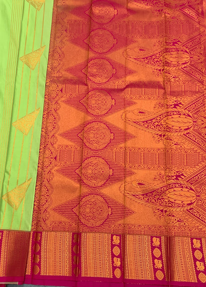 Soft Silk Casual Saree Pista Green Colour with Pink and Copper Zari Border