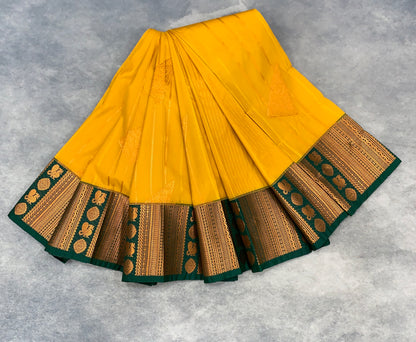 Soft Silk Casual Saree Golden Mustard Colour with Green and Copper Zari Border